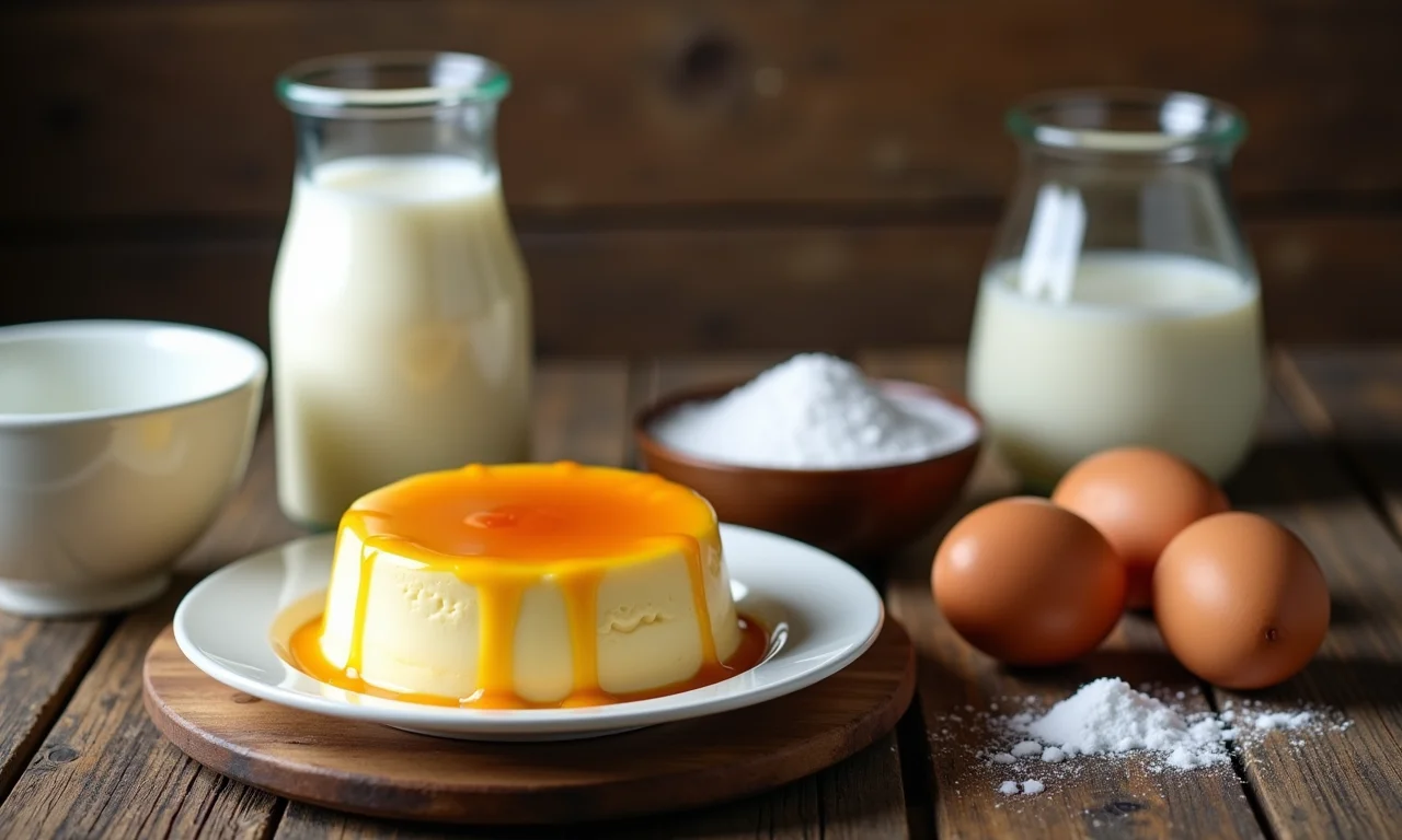 Ingredientes frescos para pudim cremoso na mesa rústica.