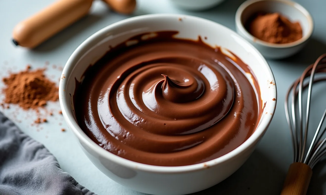 Ingredientes para a cobertura de chocolate cremosa: chocolate, cacau, etc.