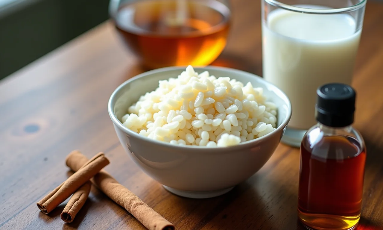 Ingredientes para arroz doce: arroz, leite, canela, baunilha.
