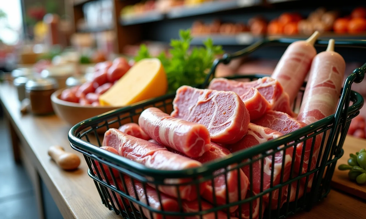 Ingredientes para linguiça de porco em uma cesta de compras.