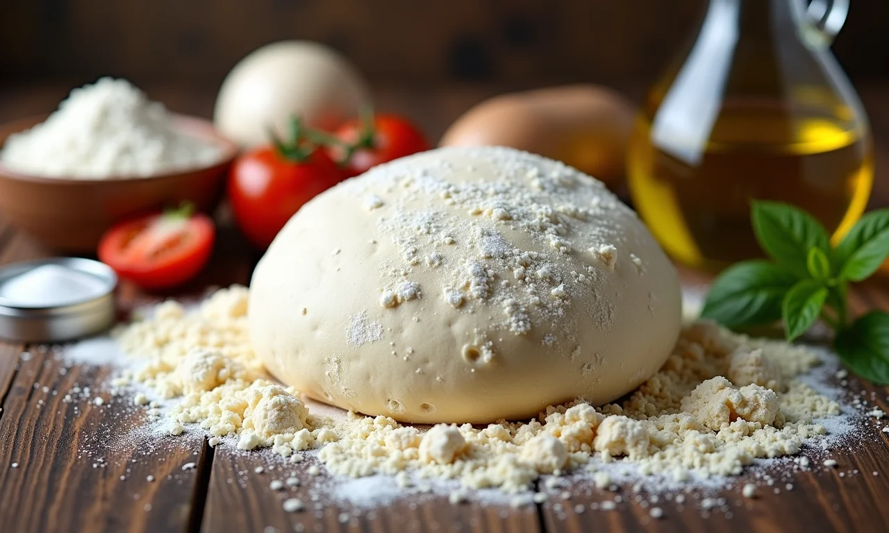 Ingredientes para massa de pizza integral dispostos artisticamente.