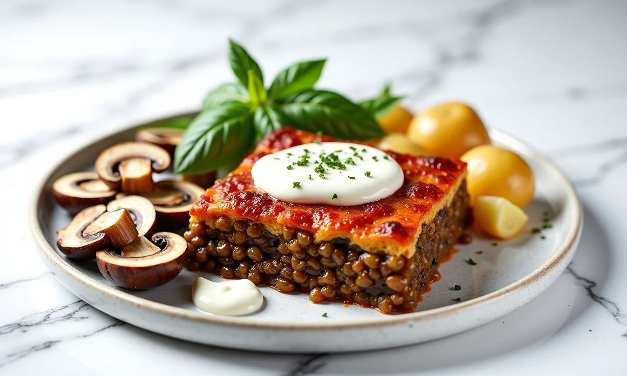 Ingredientes para moussaka vegana: lentilha, cogumelos, beringela e castanha de caju.