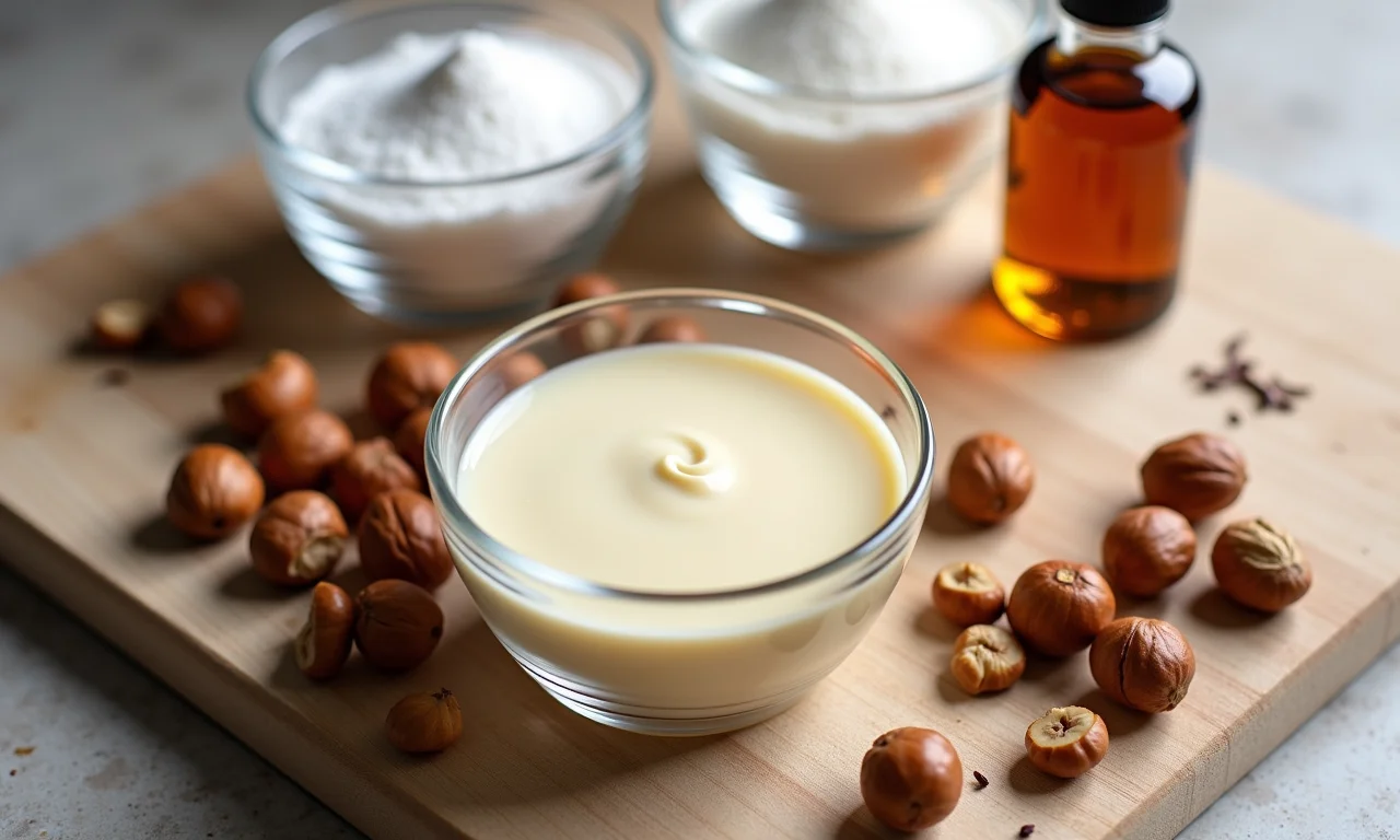 Ingredientes para o creme de avelã: avelãs, creme de leite, açúcar e extrato de baunilha.