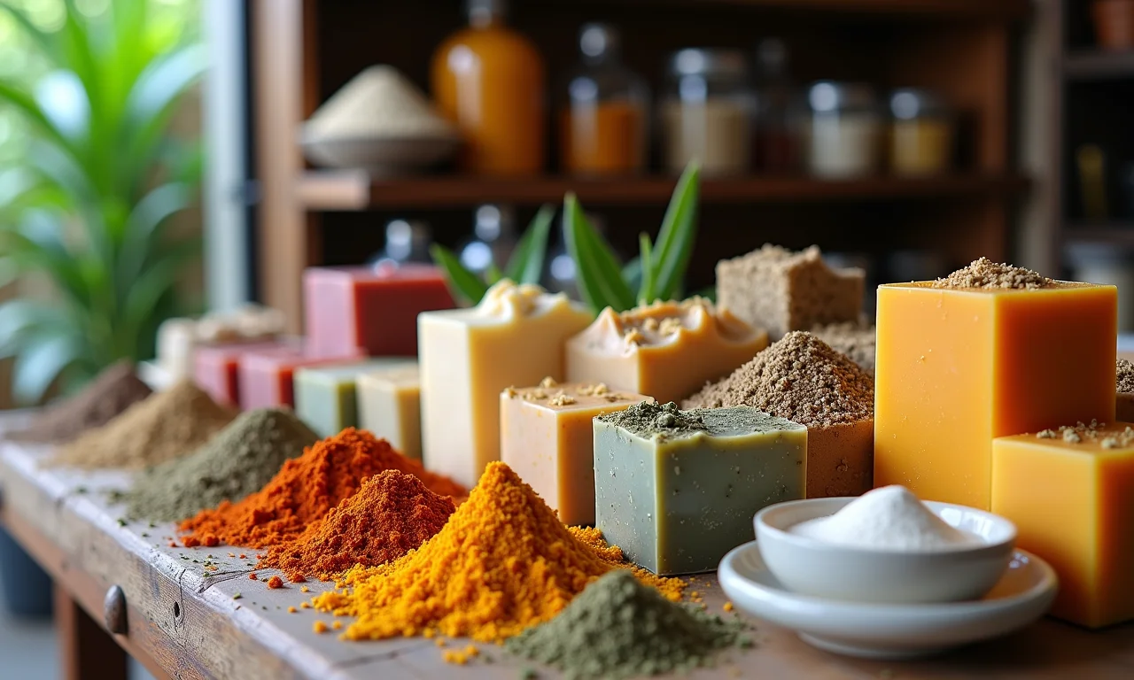 Ingredientes para sabonete artesanal em barraca de mercado rústico.