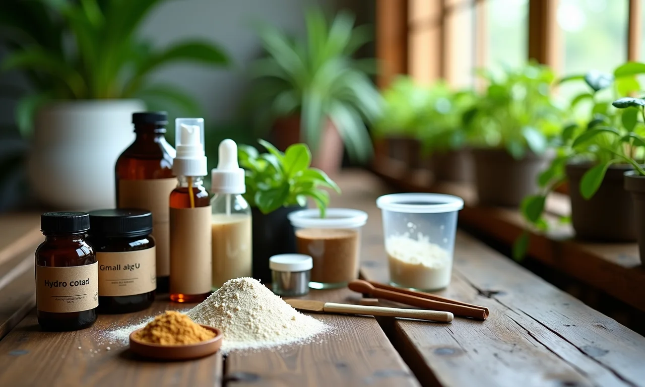 Ingredientes para solução nutritiva hidropônica em mesa de madeira rústica.