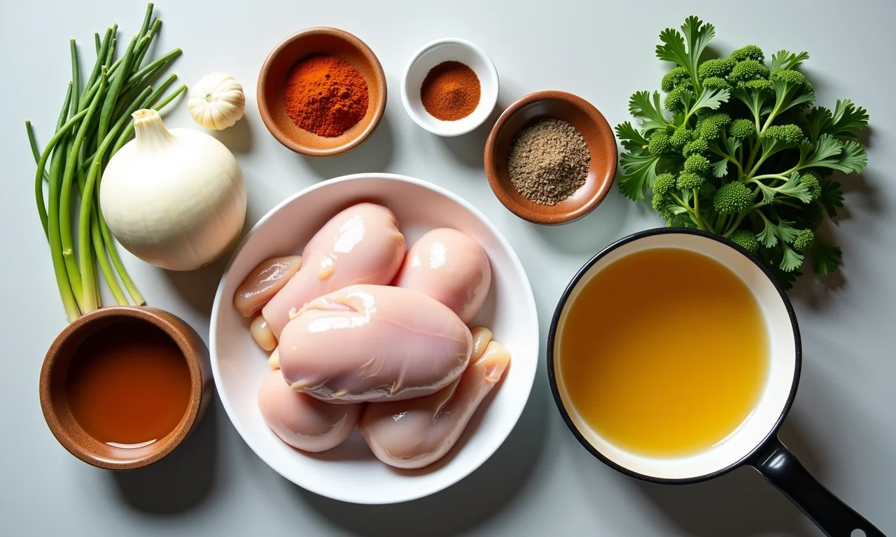 Ingredientes para torta de frango: frango, legumes, temperos.