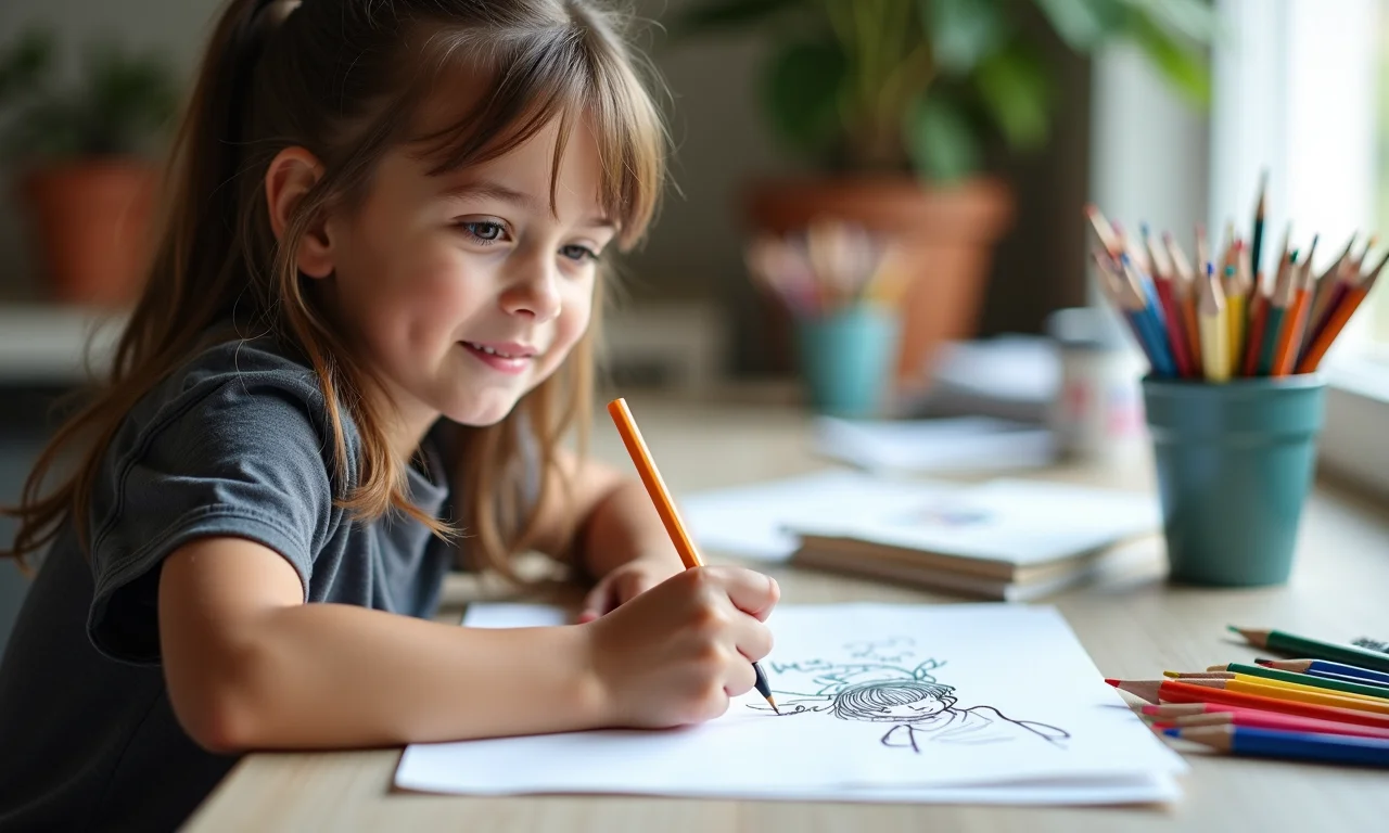 Iniciante entusiasmado desenhando caricatura simples.