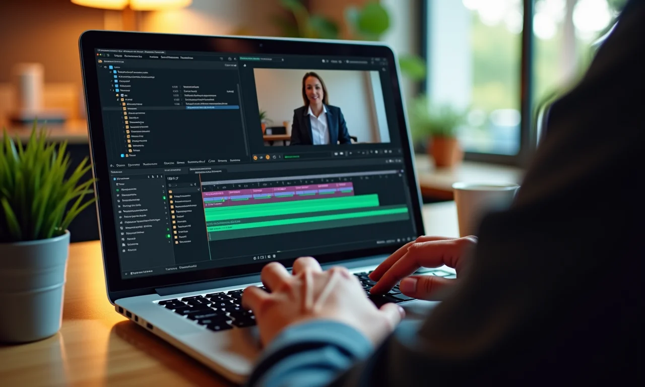 Interface de software de edição de vídeo em tela de laptop.