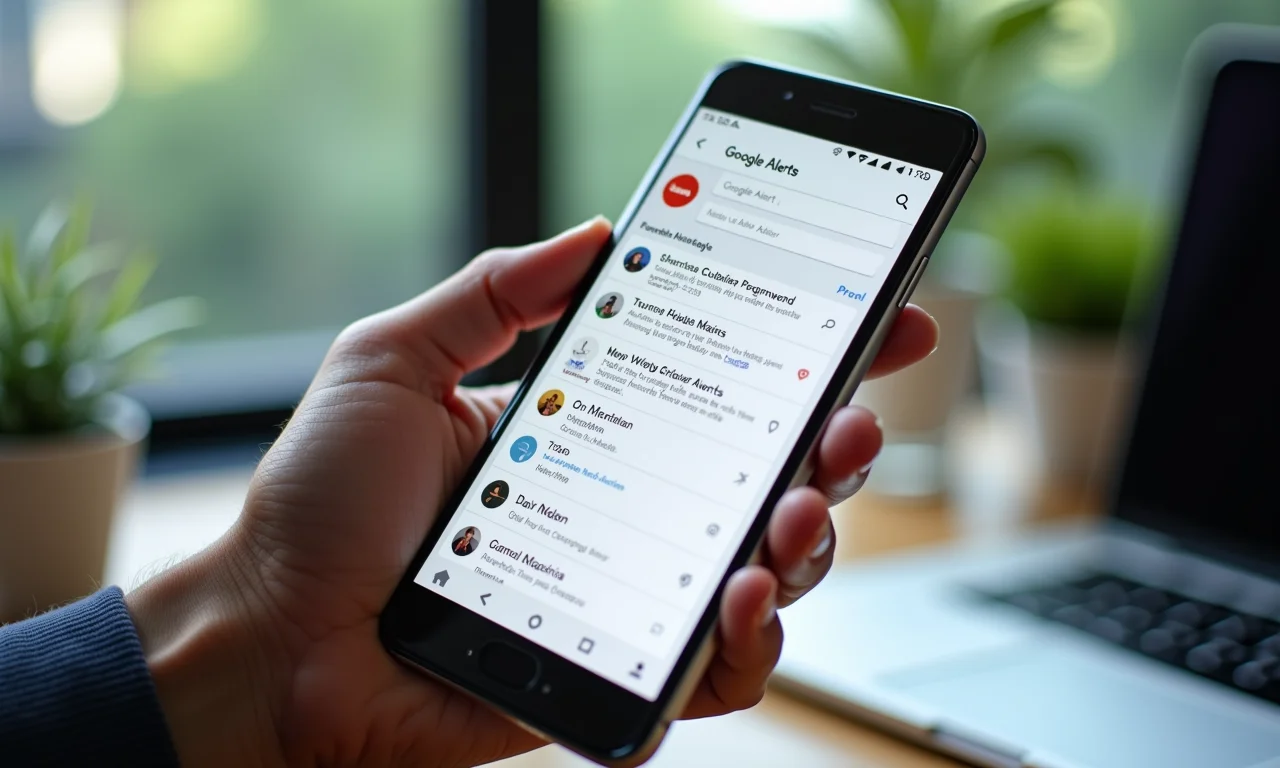 Interface do Google Alerts exibida em um smartphone.