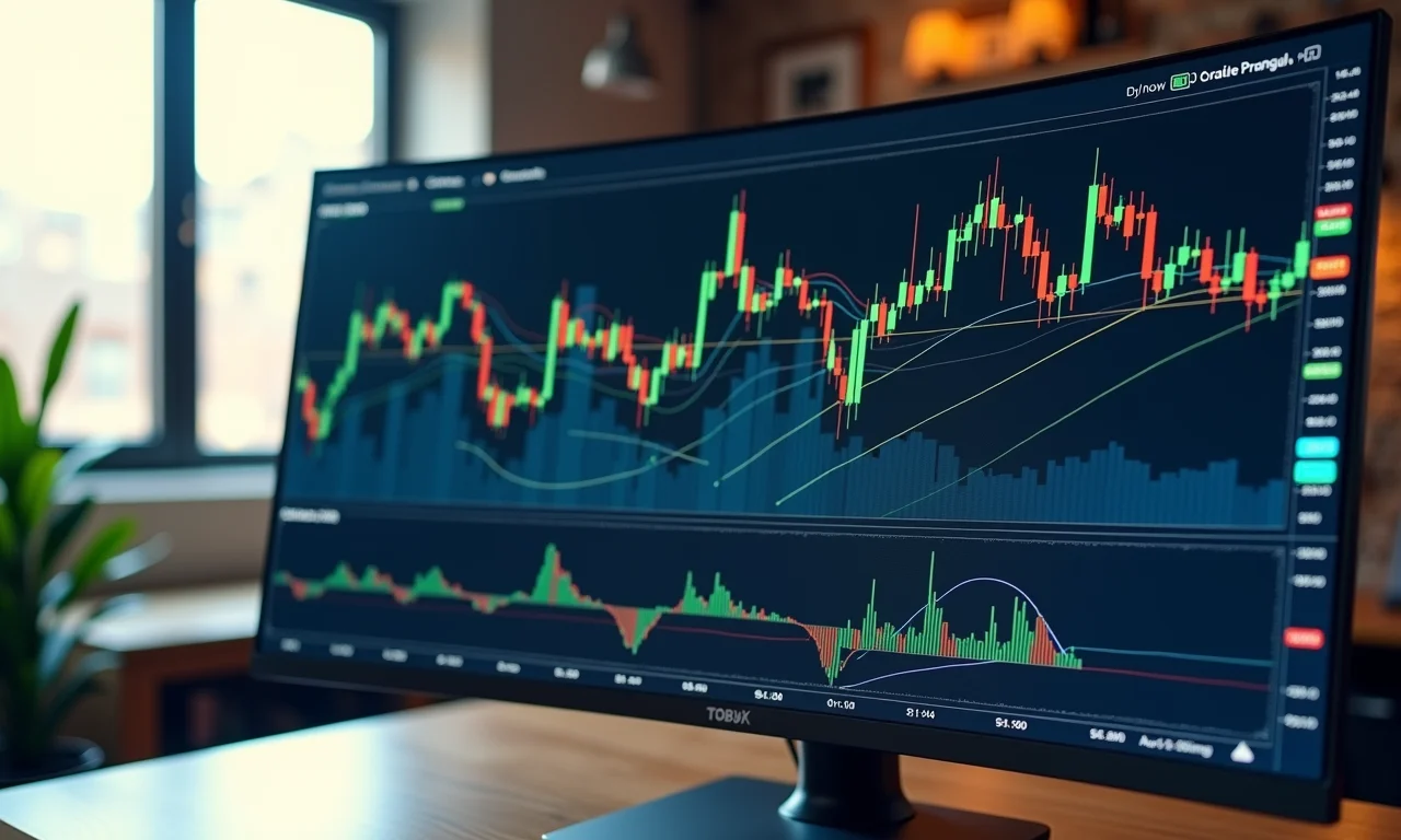 Interface do TradingView exibida em monitor curvo com gráficos e indicadores financeiros.