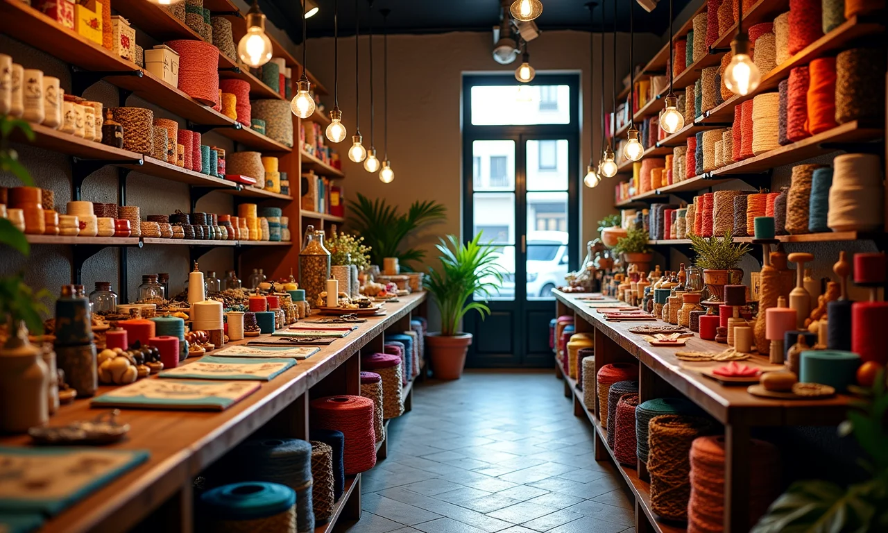 Interior da loja Armarinhos Fernando, repleta de tecidos e materiais para costura.