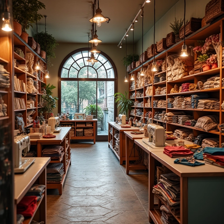 Interior da loja Casa da Costureira com tecidos e máquinas de costura.