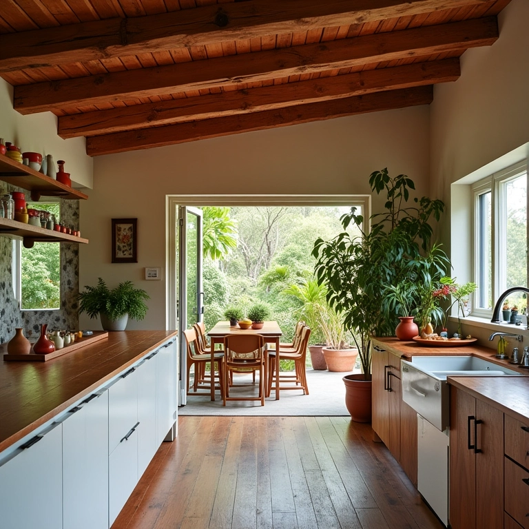 Interior de casa de campo brasileira, estilo Farm Rio, com cozinha aberta e decoração colorida.