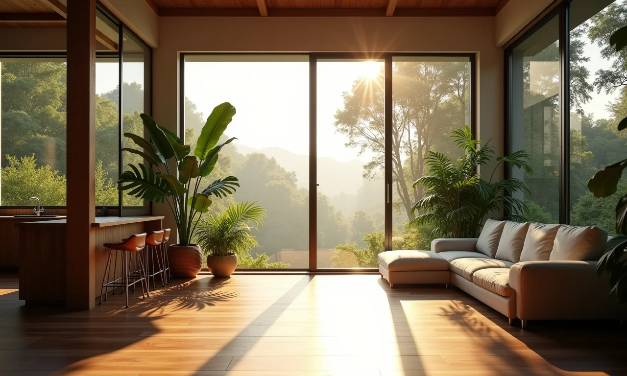 Interior de um sobradinho com grandes janelas e luz natural abundante.