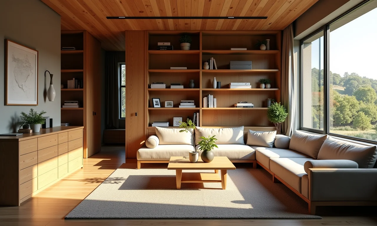 Interior de um sobradinho com móveis planejados e espaços organizados.