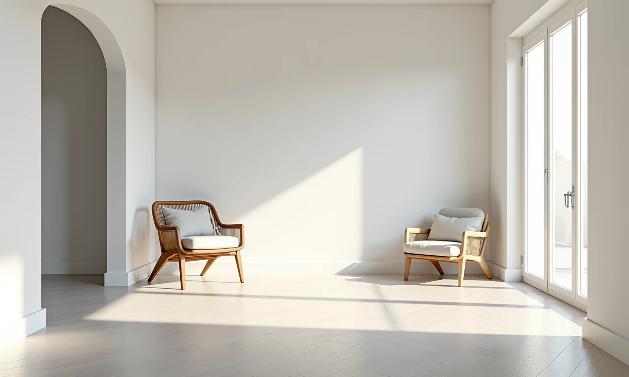 Interior de um sobradinho com paredes claras e decoração minimalista.