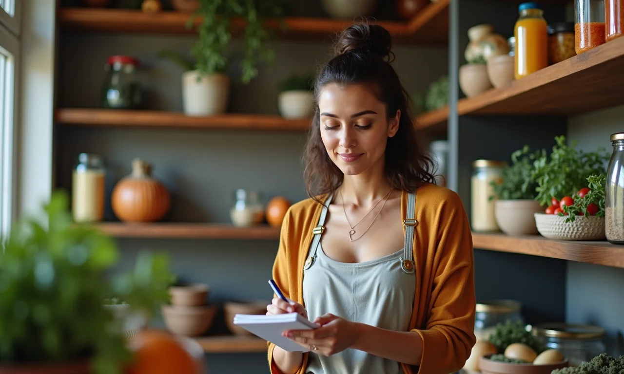 Inventário da despensa sendo realizado por uma mulher.