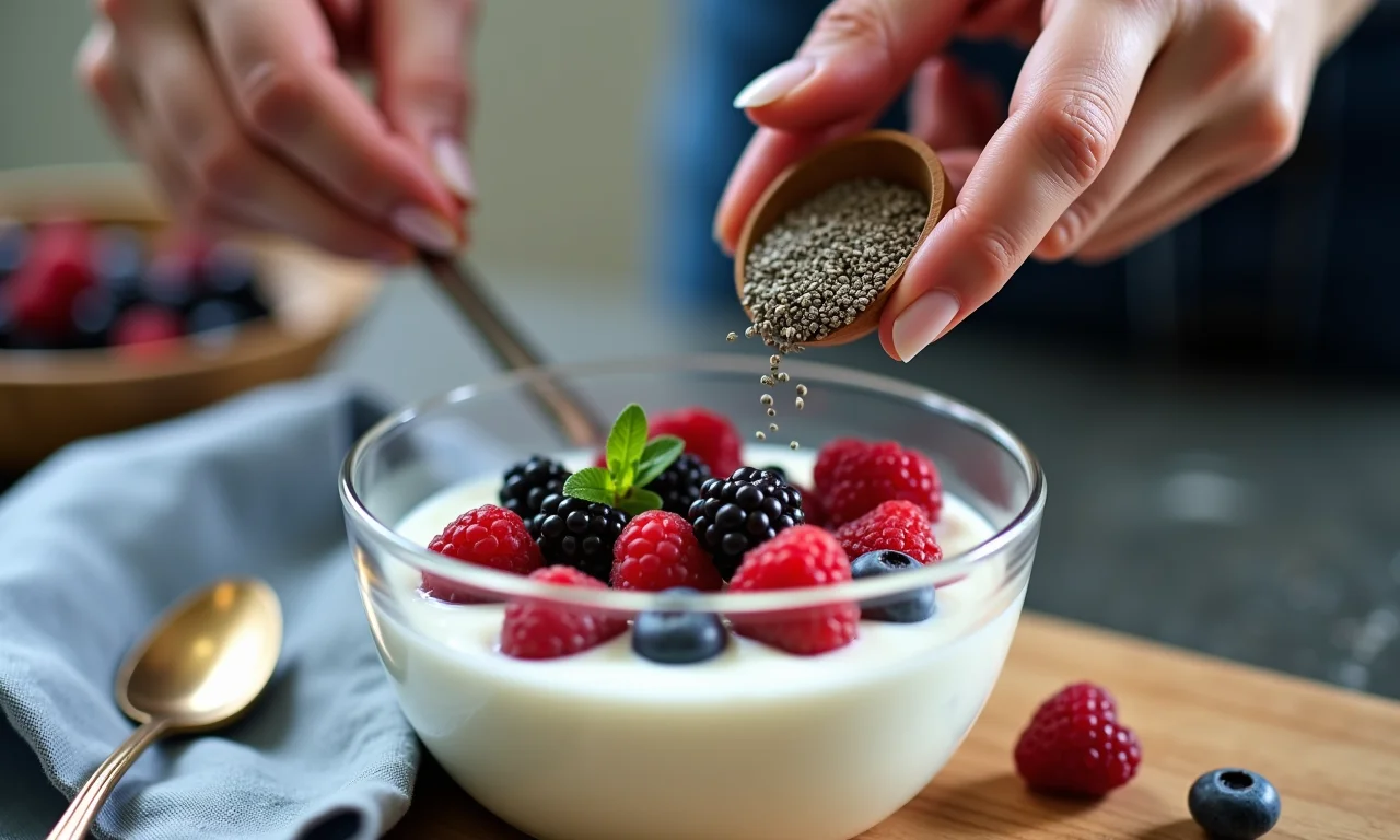 Iogurte com chia, linhaça e frutas vermelhas, alimentos funcionais.