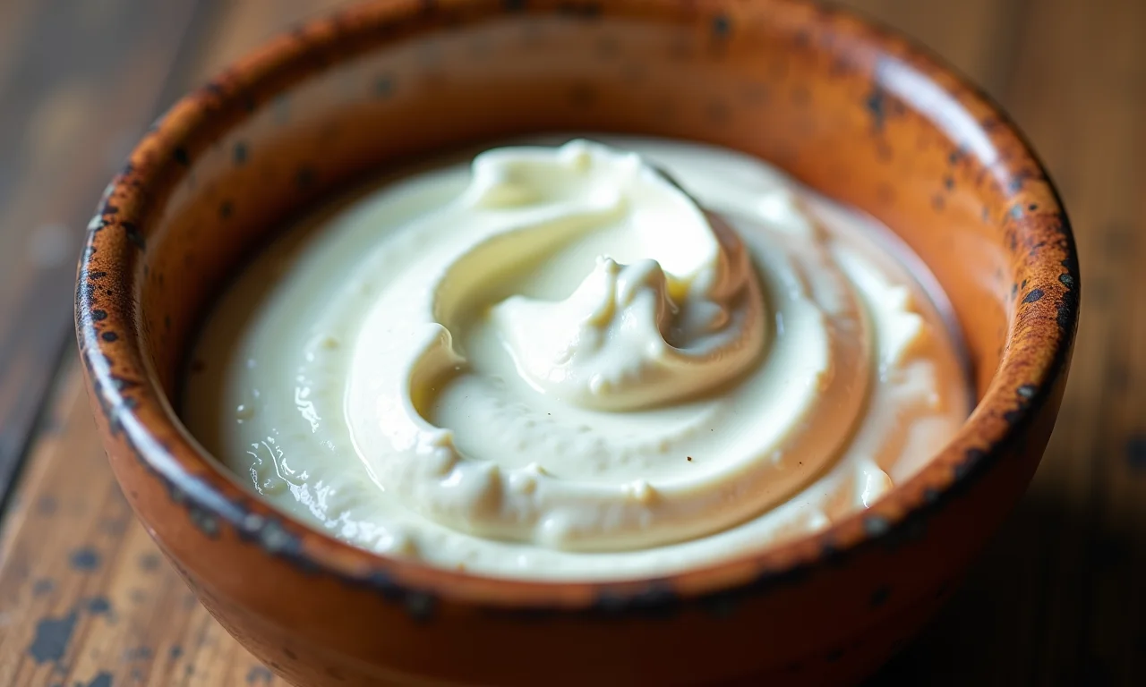 Iogurte grego cremoso em uma tigela rústica.