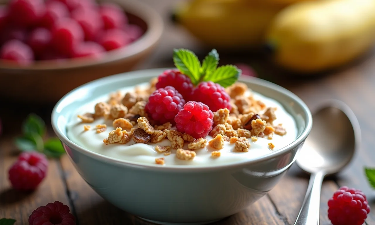 Iogurte natural com granola caseira e frutas vermelhas, um café da manhã saudável e saboroso.