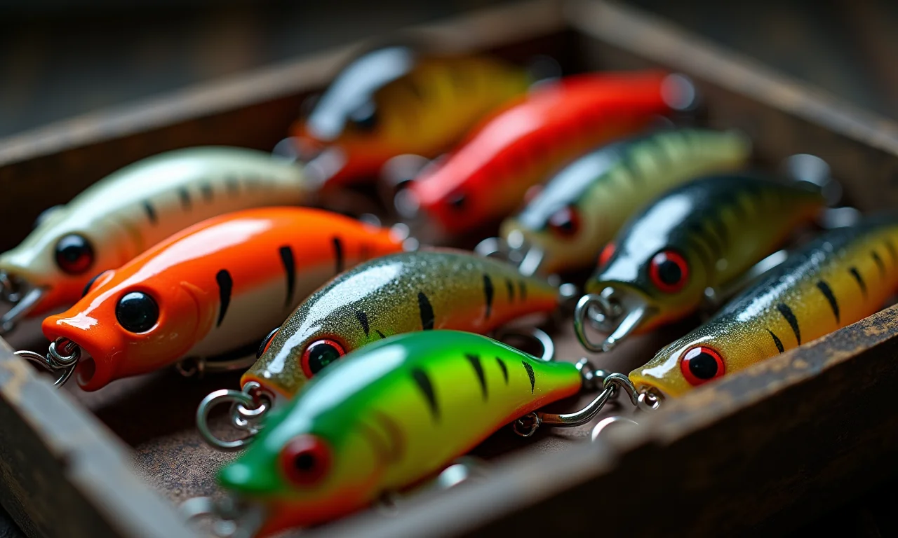 Iscas de pesca variadas em caixa de pesca.