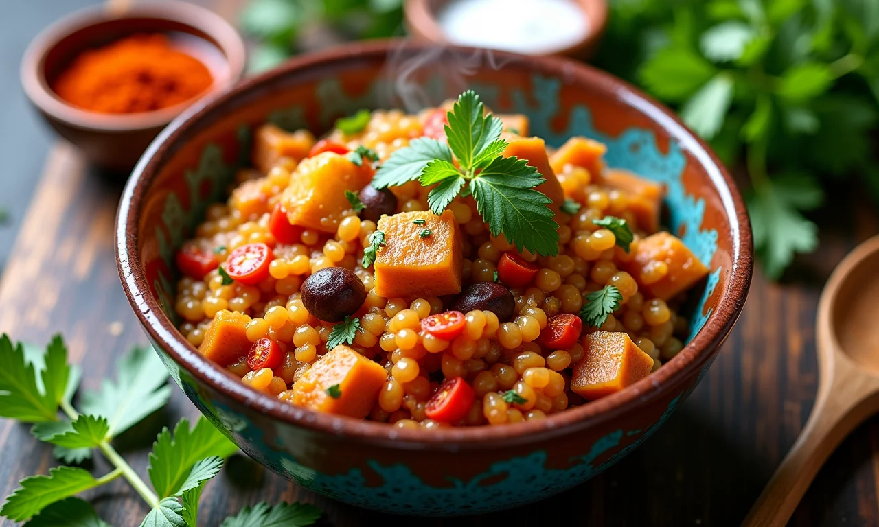 Jambalaya creole fumegante em tigela vibrante.