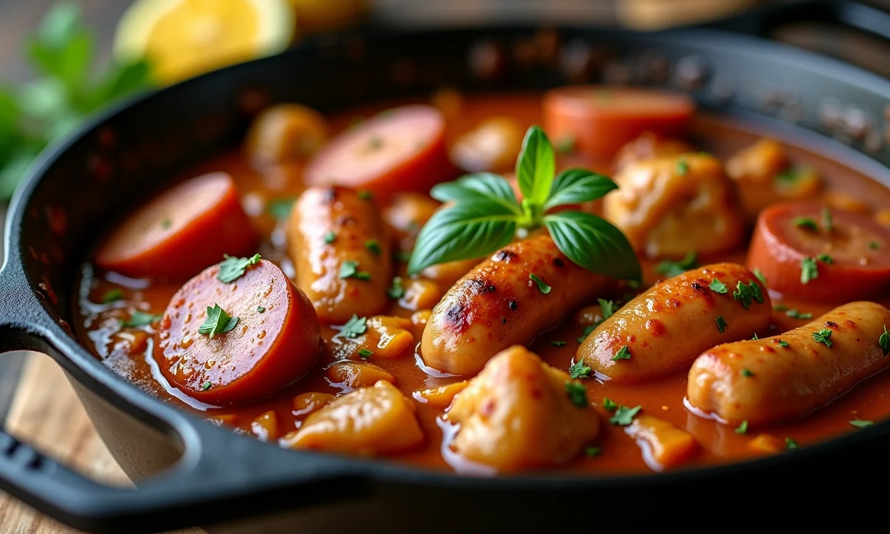 Jambalaya de frango e linguiça borbulhando.