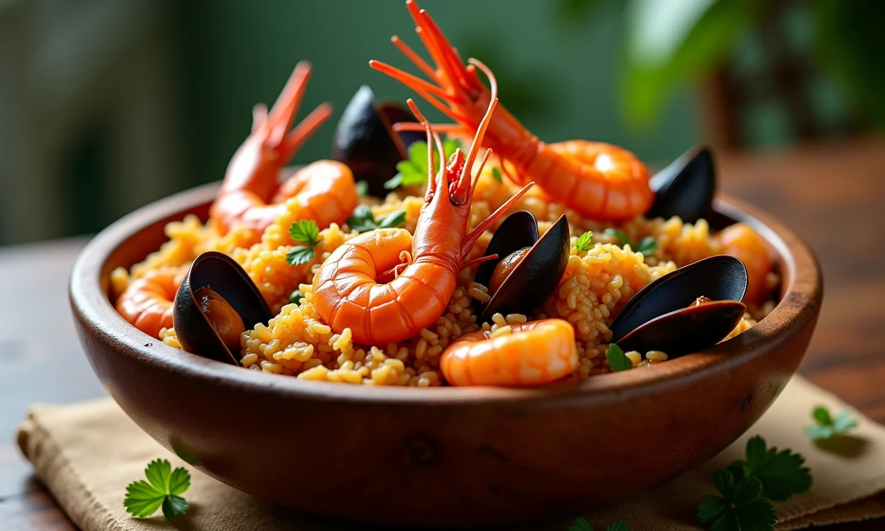 Jambalaya de frutos do mar com cores vibrantes.