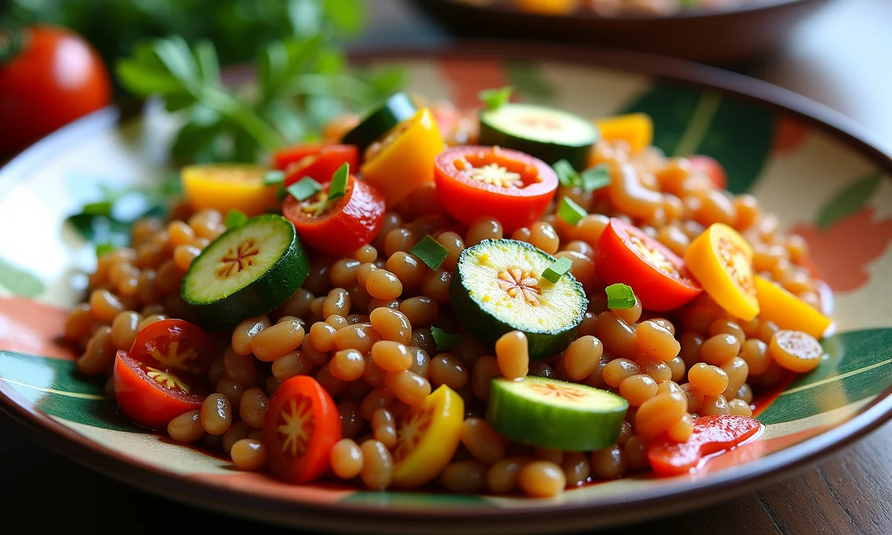 Jambalaya vegetariana com vegetais coloridos.