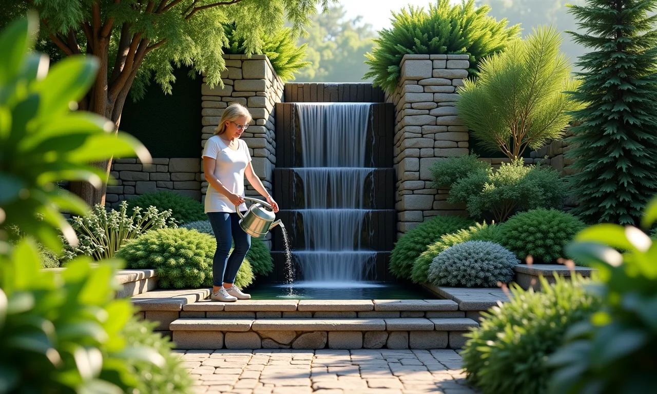 Jardim vertical com cascata de pedras e plantas exuberantes.