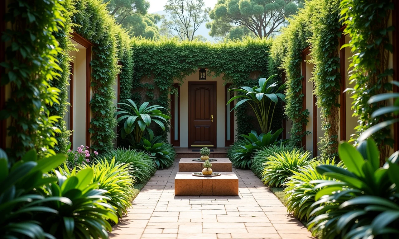 Jardim vertical em um sobradinho com plantas exuberantes.