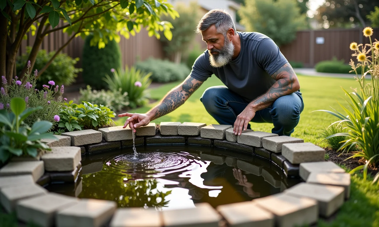 Jardineiro experiente apontando para local ideal para construção de laguinho em jardim ensolarado.