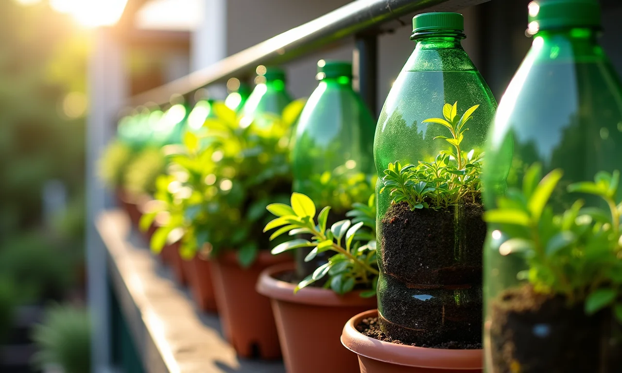 Jardins verticais sustentáveis feitos com garrafas PET.