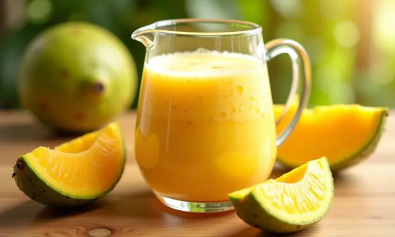 Jarra de suco cremoso de graviola com frutas frescas ao redor, iluminado pela luz do sol.