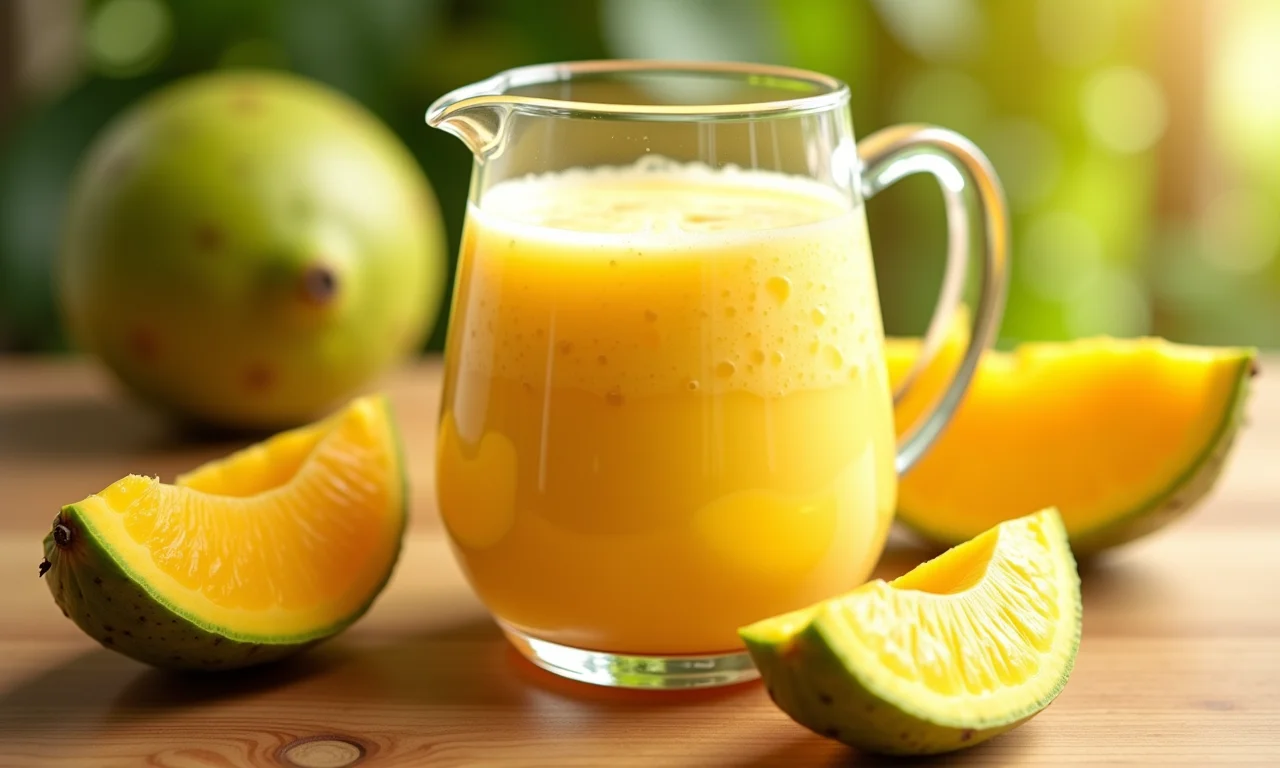 Jarra de suco cremoso de graviola com frutas frescas ao redor, iluminado pela luz do sol.