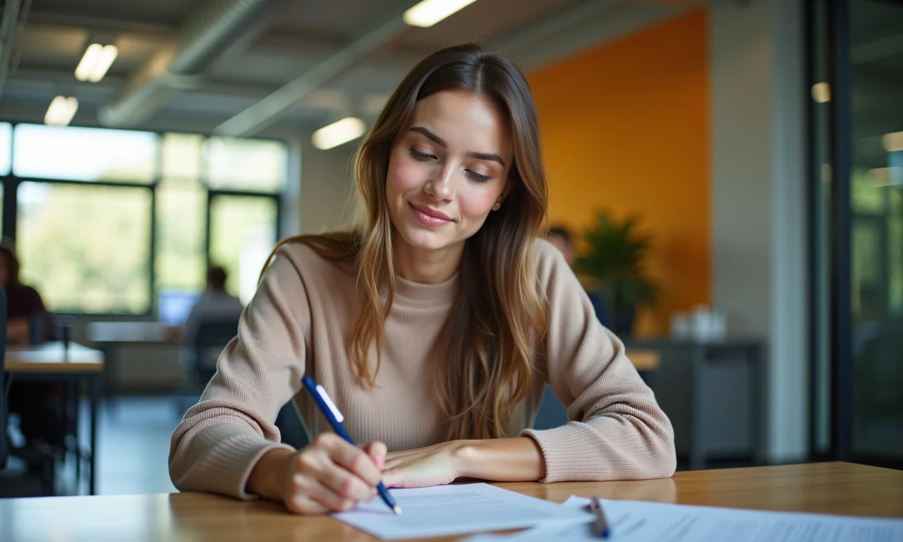 Jovem adulta assinando documentos de pedido de demissão em um ambiente de trabalho.