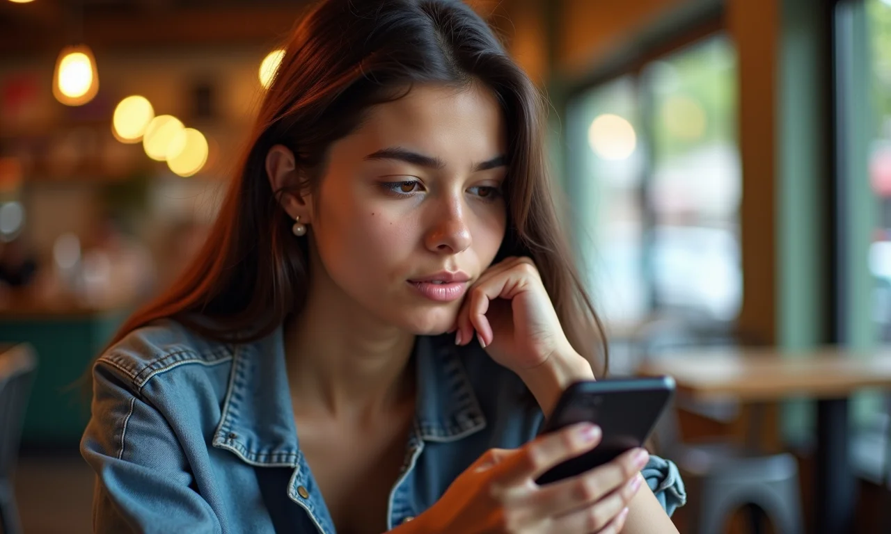 Jovem adulta pensando nas vantagens de criar uma nova conta no Instagram em um café.