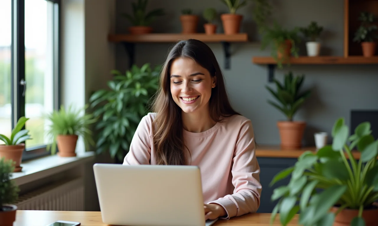 Jovem atualizando informações de renda no site do banco, sorrindo confiantemente.