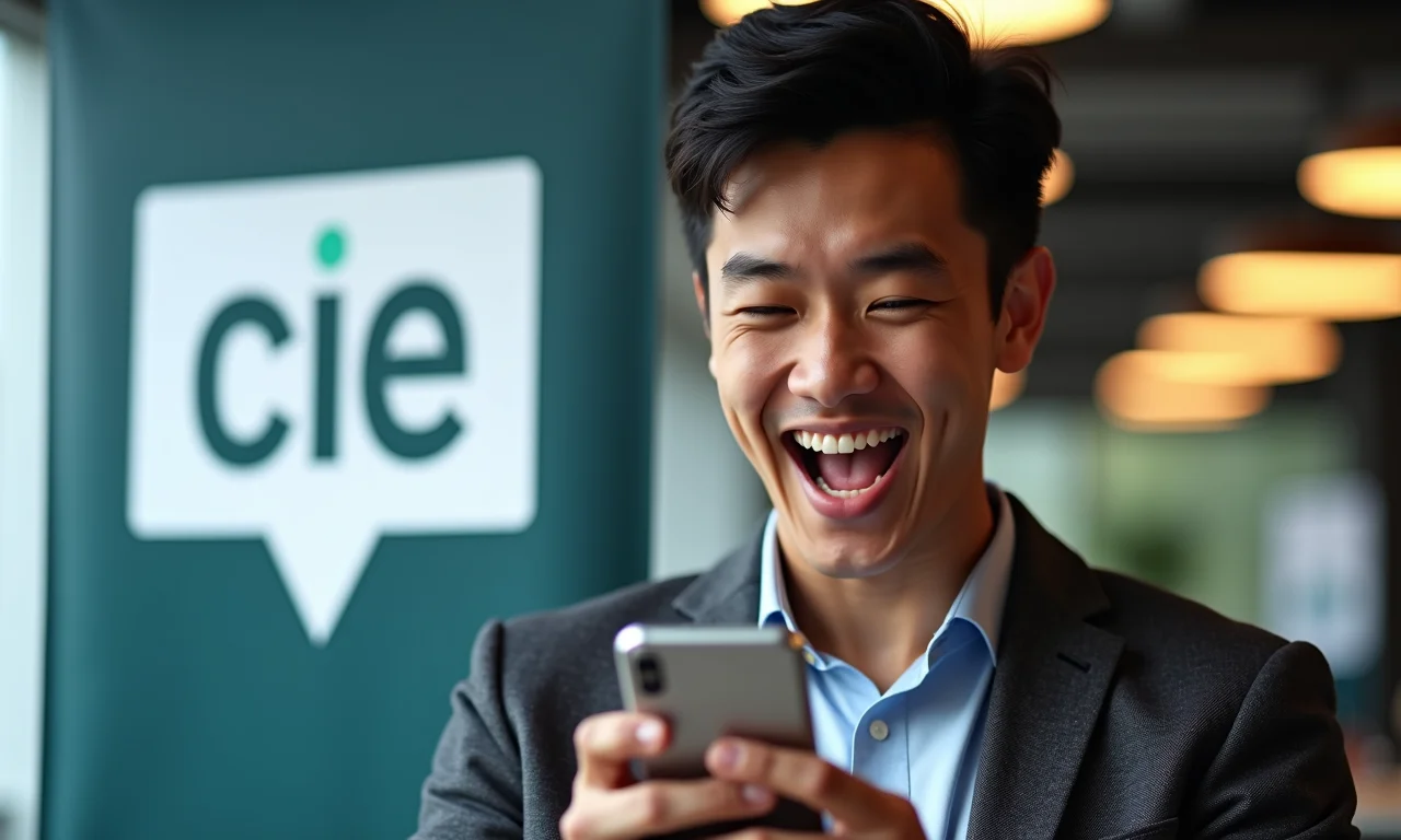 Jovem feliz ao receber notificação do CIEE no celular.