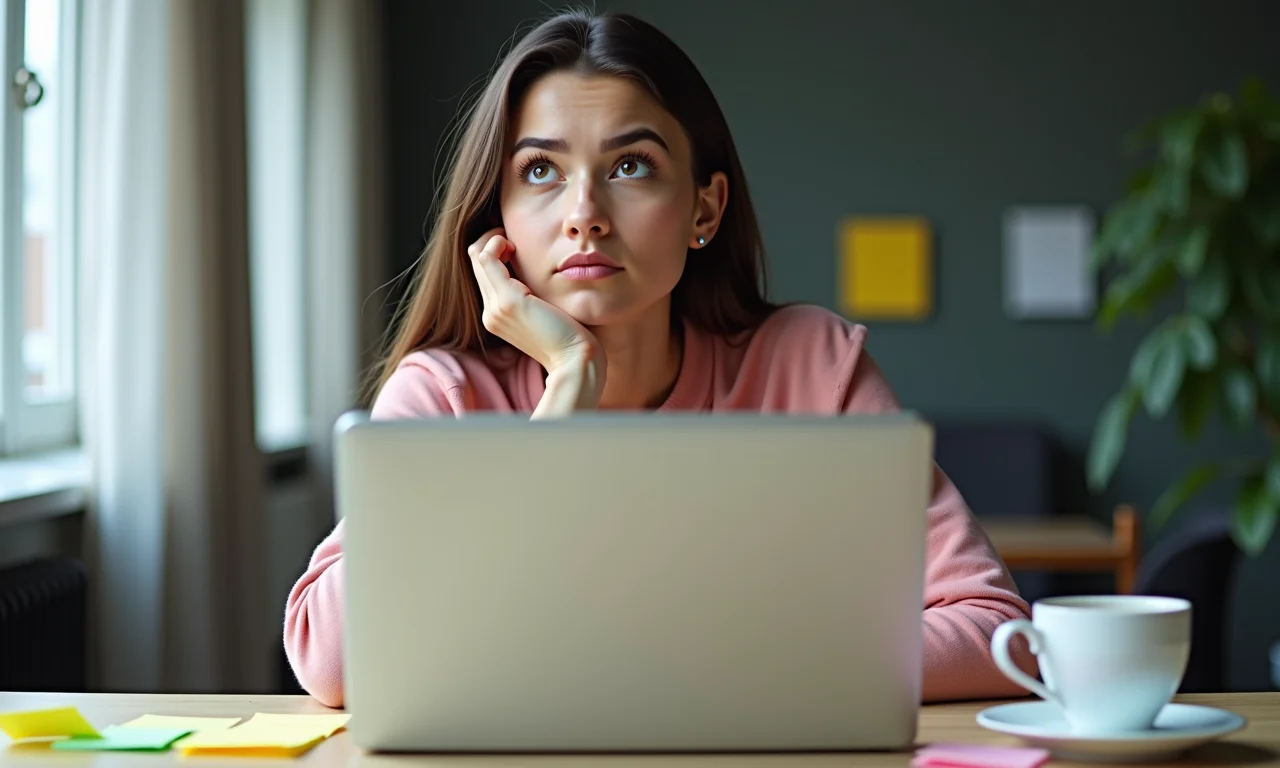Jovem olhando para cima, com expressão de dúvida, em frente ao laptop, representando a possibilidade de mudar a problemática do TCC.