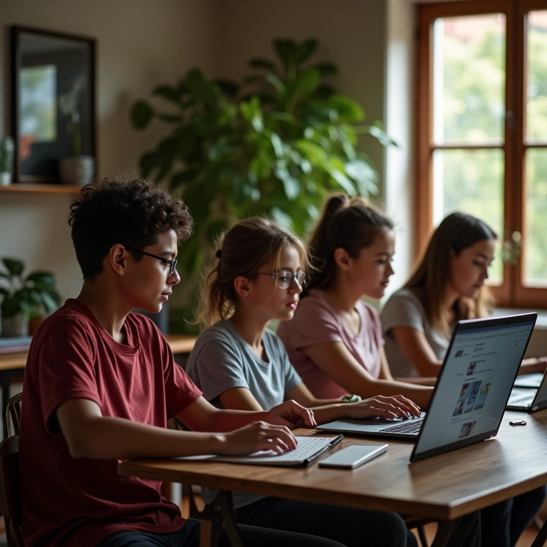Jovens criando slides bonitos no Canva.