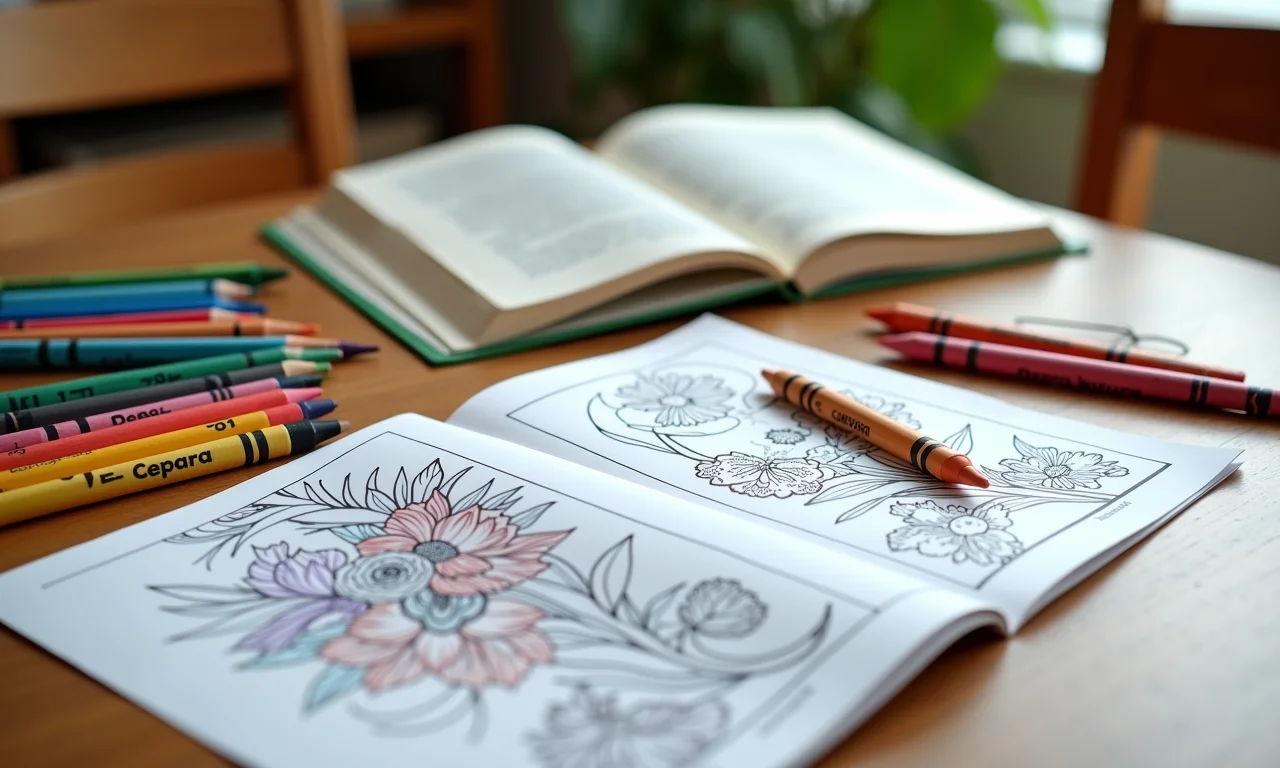 Kits de colorir com giz de cera e livros em mesa de madeira.