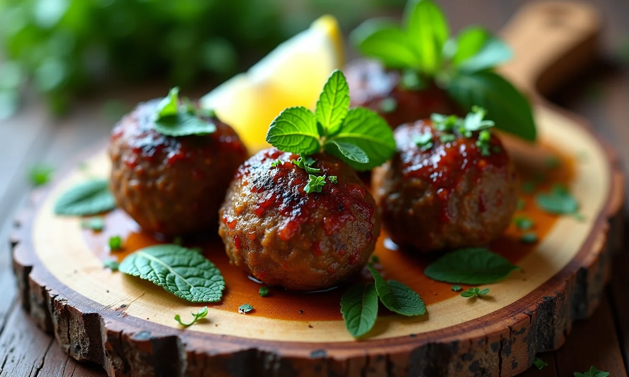 Kofta de cordeiro com hortelã e limão servido em tábua rústica, com decoração Farm Rio.
