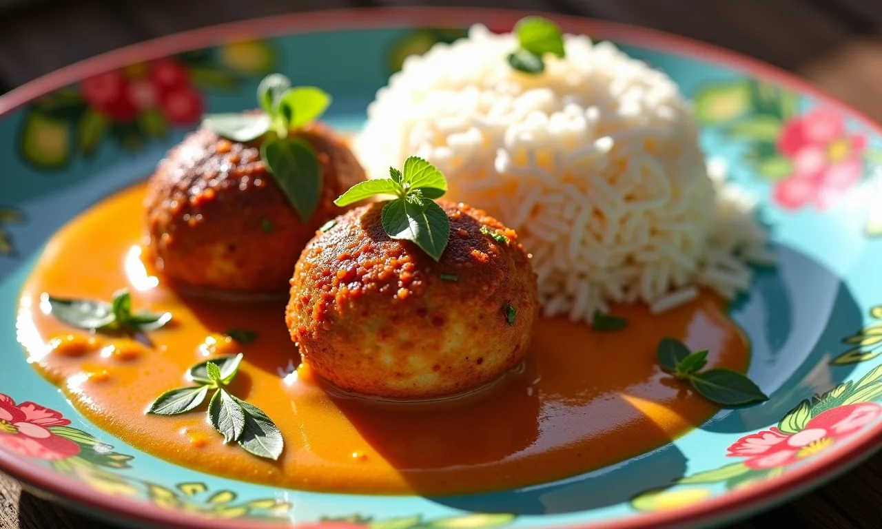 Kofta de frango com curry e coco em prato colorido, acompanhado de arroz basmati.