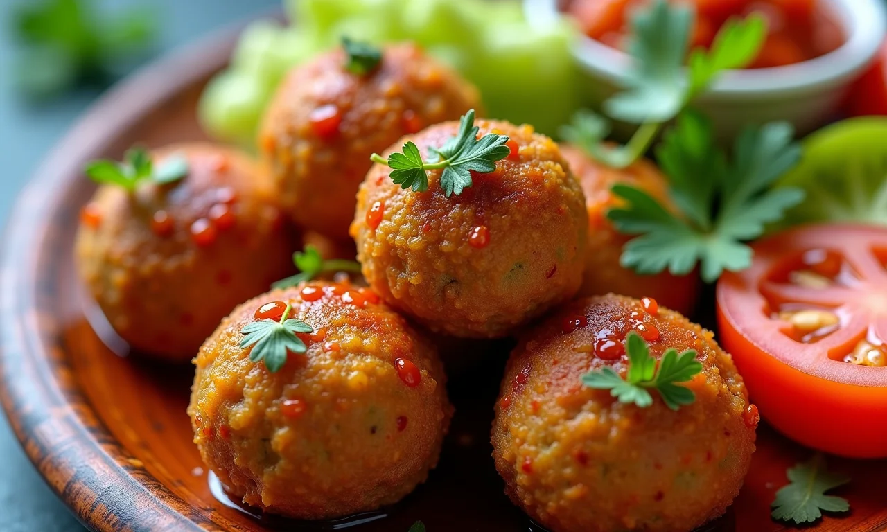 Kofta vegano de grão de bico com especiarias em travessa colorida, com legumes frescos.