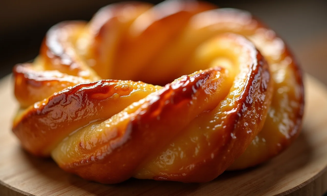 Kouign Amann folhado e caramelizado em close-up.
