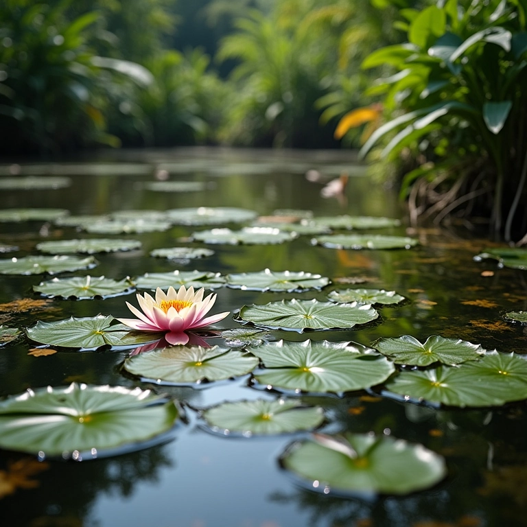 Lago com nenúfares e outras plantas aquáticas, filtro UV ao fundo.