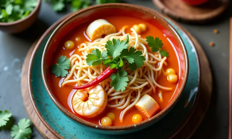 Laksa, a sopa de noodles malaia rica e picante, servida em uma tigela colorida.