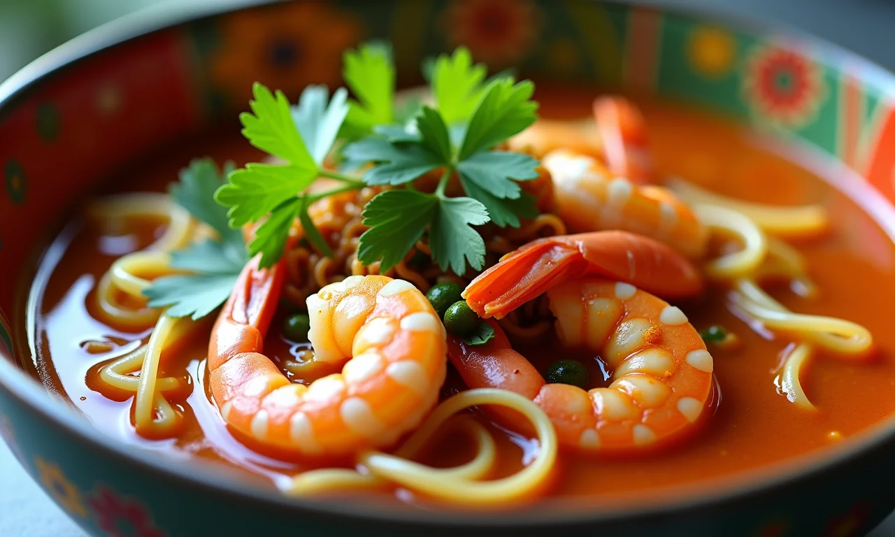 Laksa Sarawak, uma joia escondida da Malásia, rica em sabores e texturas.