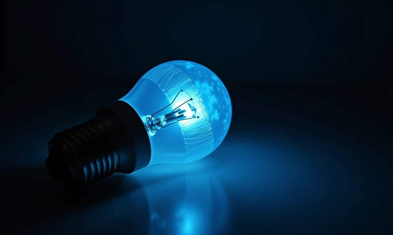 Lâmpada de luz negra comum com papel celofane azul, criando um brilho misterioso.